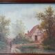 Old oil painting on canvas, country house, dark solid wood frame, mid-century