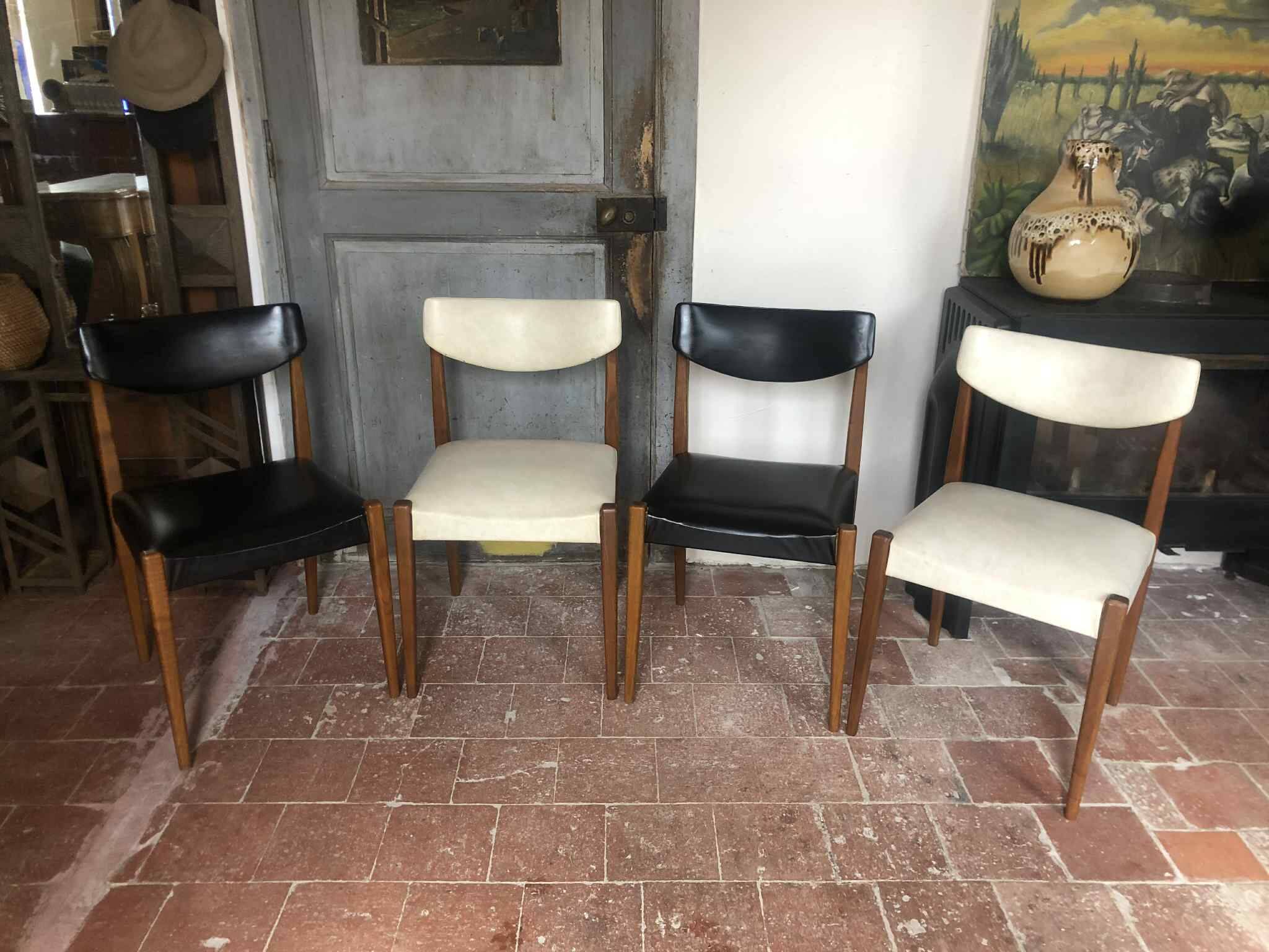 Set of 4 wooden and black and white imitation leather chairs, Scandinavian chair