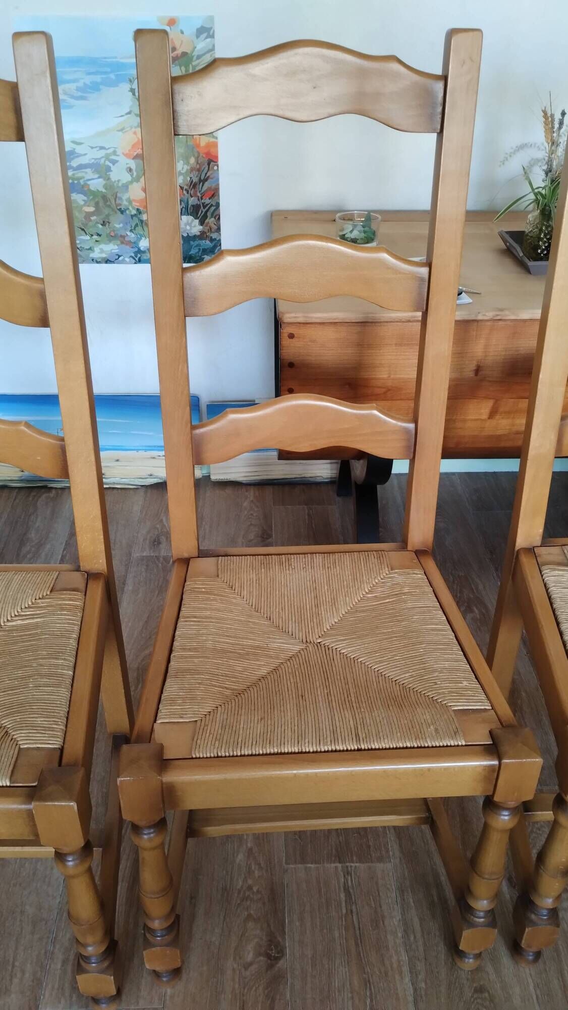 4 chaises dossier haut paillées en bois massif clair style rustique