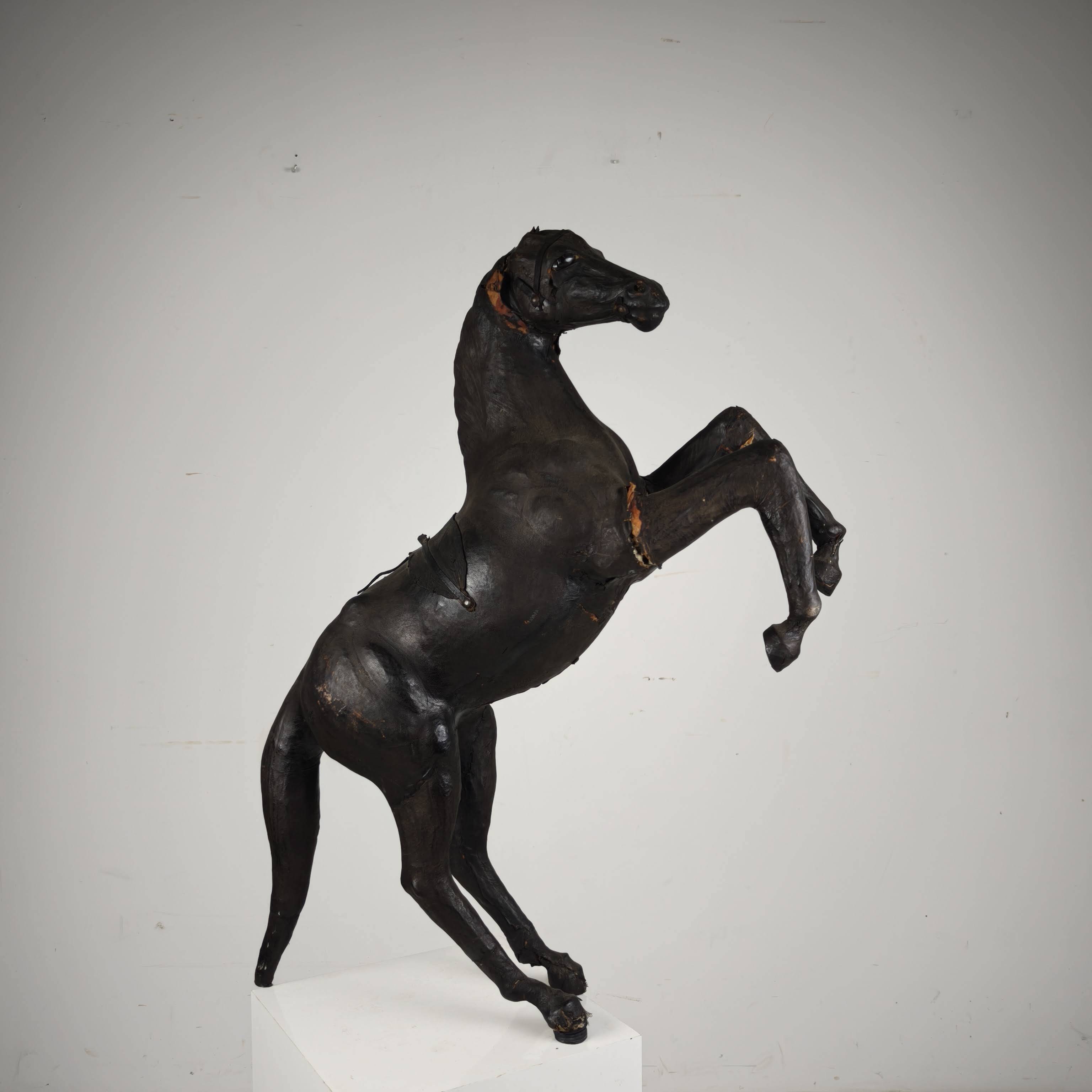 Early 20th Century Antique Leather Horse Sculpture with Glass Eyes