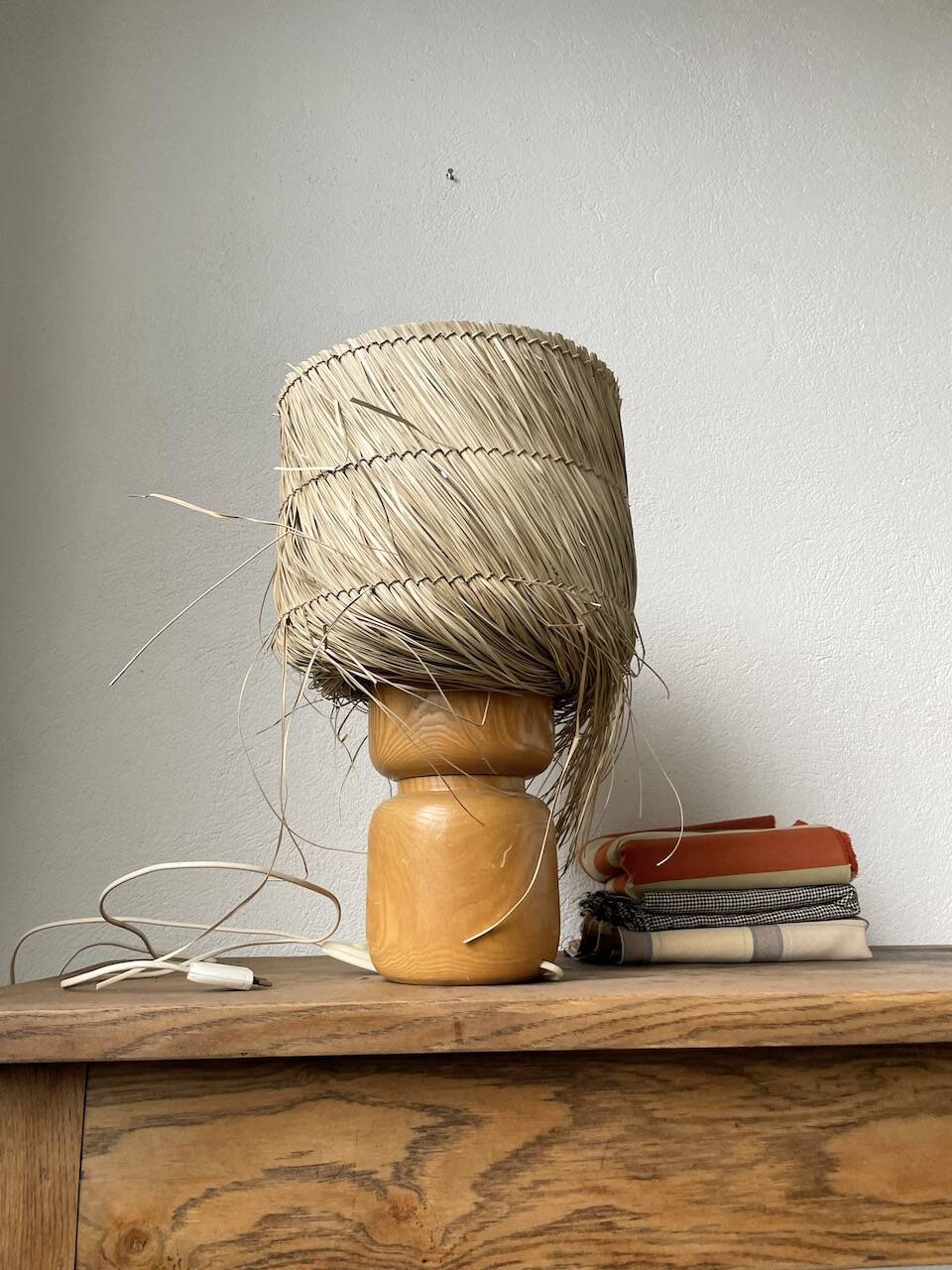 50s wood and straw lamp