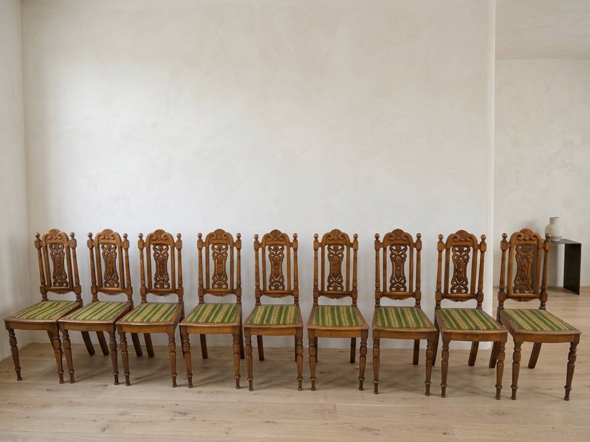 Set of 9 Renaissance Revival dining chairs, carved wood, Czechoslovakia, early 20th century