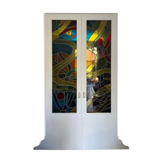 Signed stained glass sliding doors (stained glass, art deco)