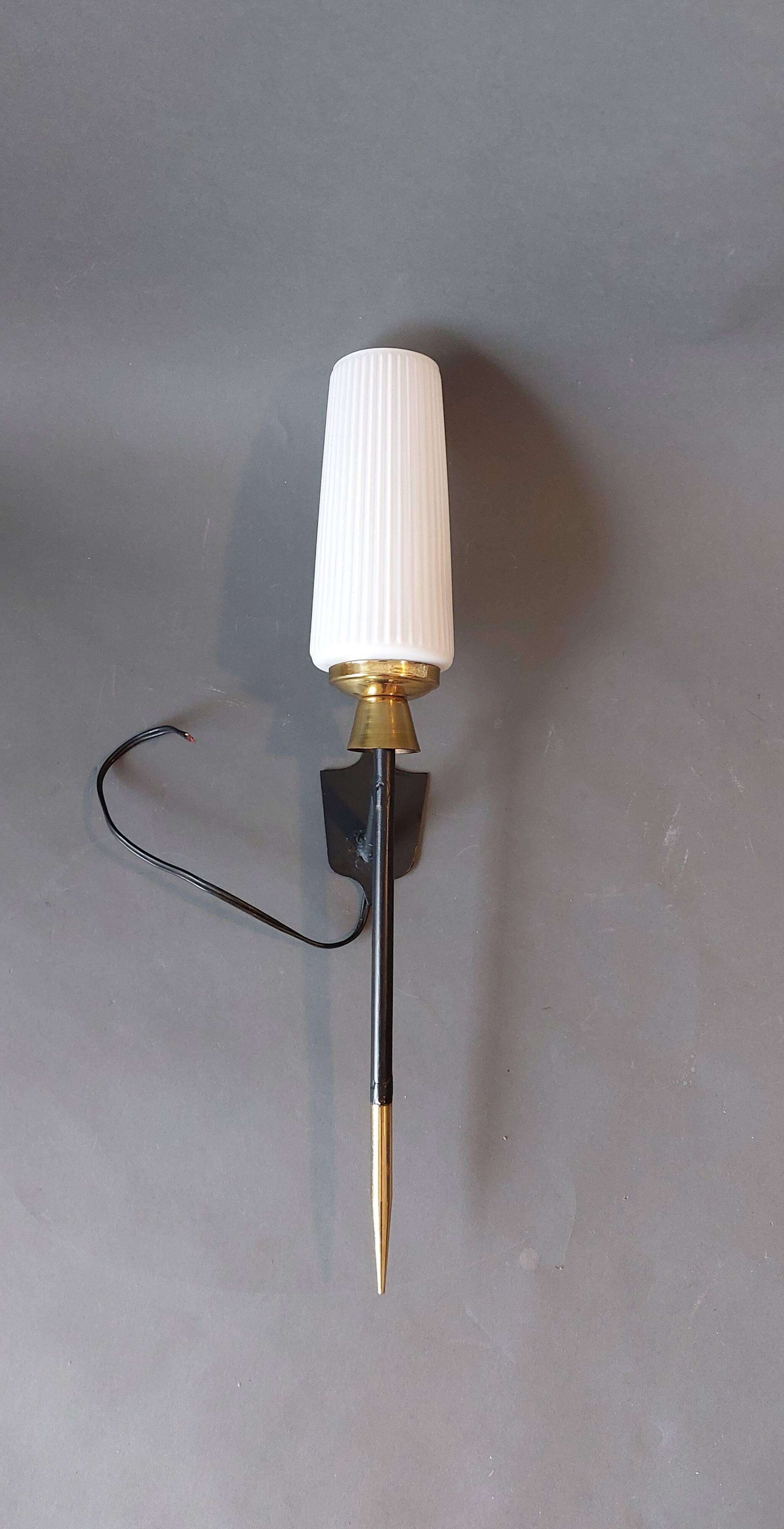 Large 1960 torchiere wall light in black metal, gilded brass and vintage white opaline.