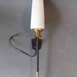 Large 1960 torchiere wall light in black metal, gilded brass and vintage white opaline.