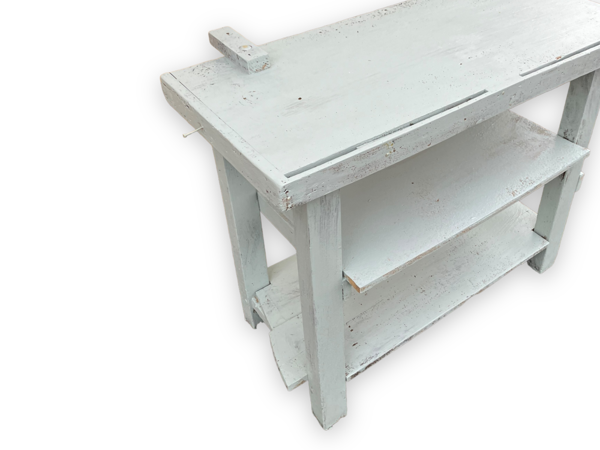 Light blue painted wooden workbench