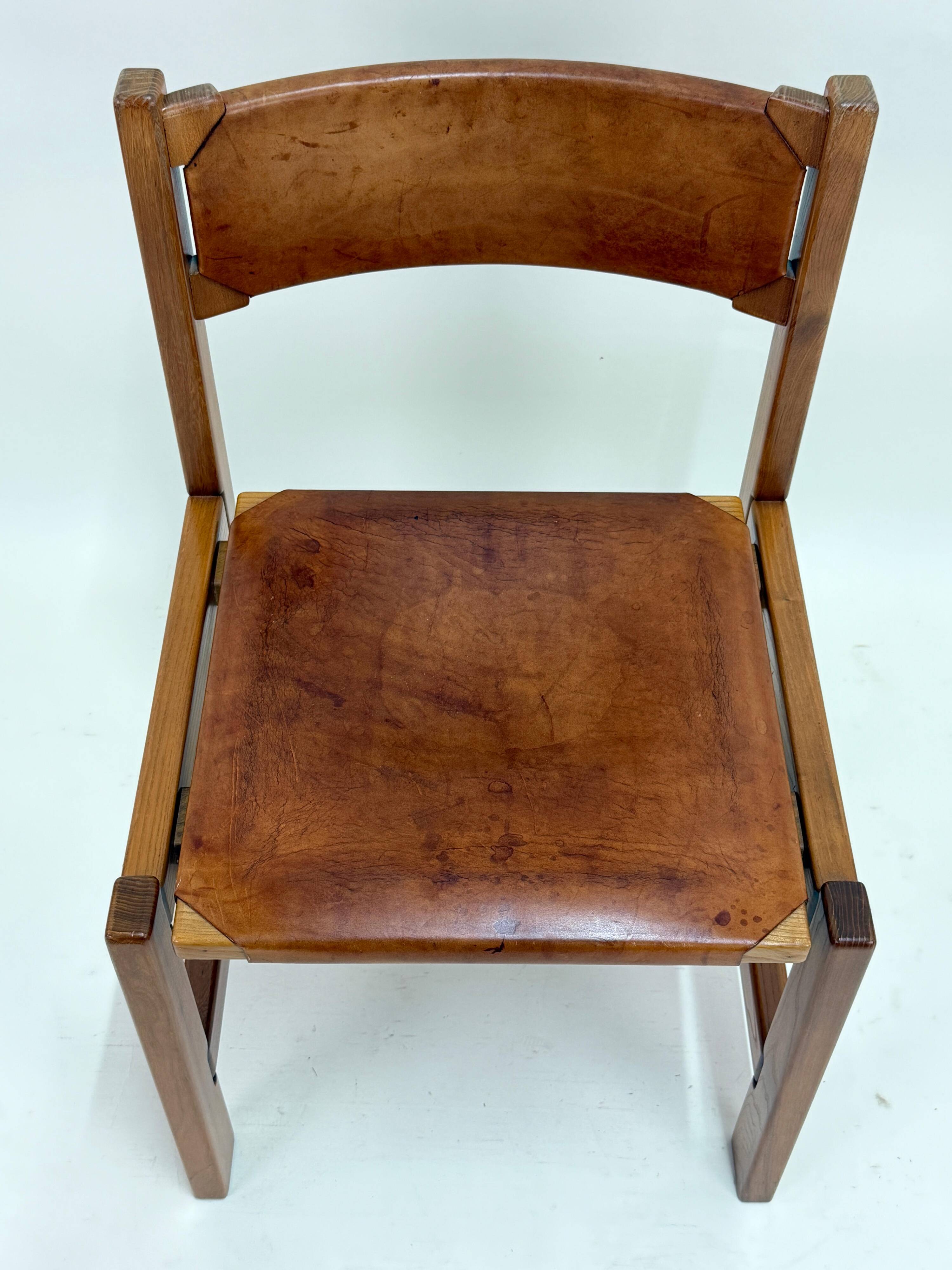 Set of 6 Maison Regain Chairs - Solid Elm and Fawn Leather - Circa 70