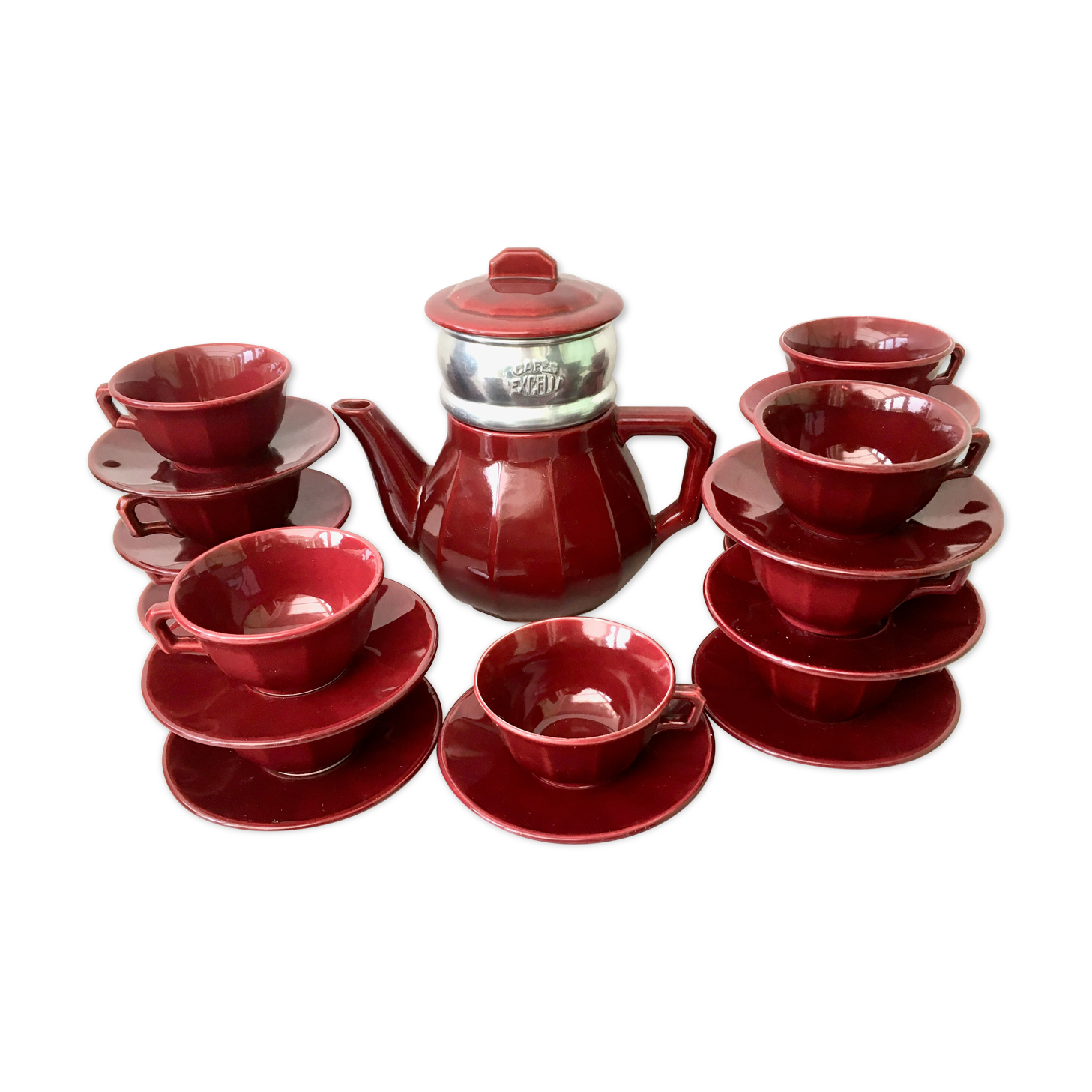 Set 12 coffee cups and vintage coffee maker