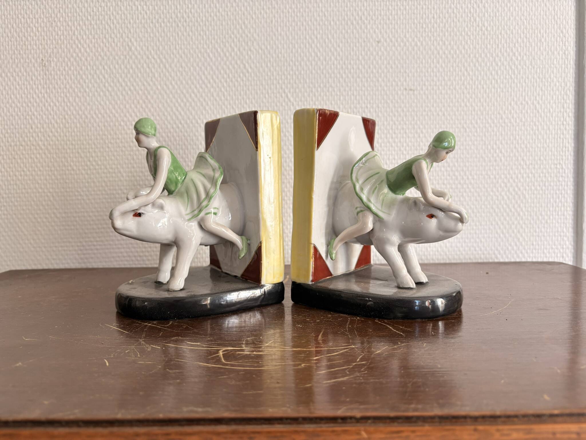 Old Pair of Bookends Porcelain White Girl Woman Equestrian Pig Art