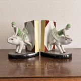 Old Pair of Bookends Porcelain White Girl Woman Equestrian Pig Art