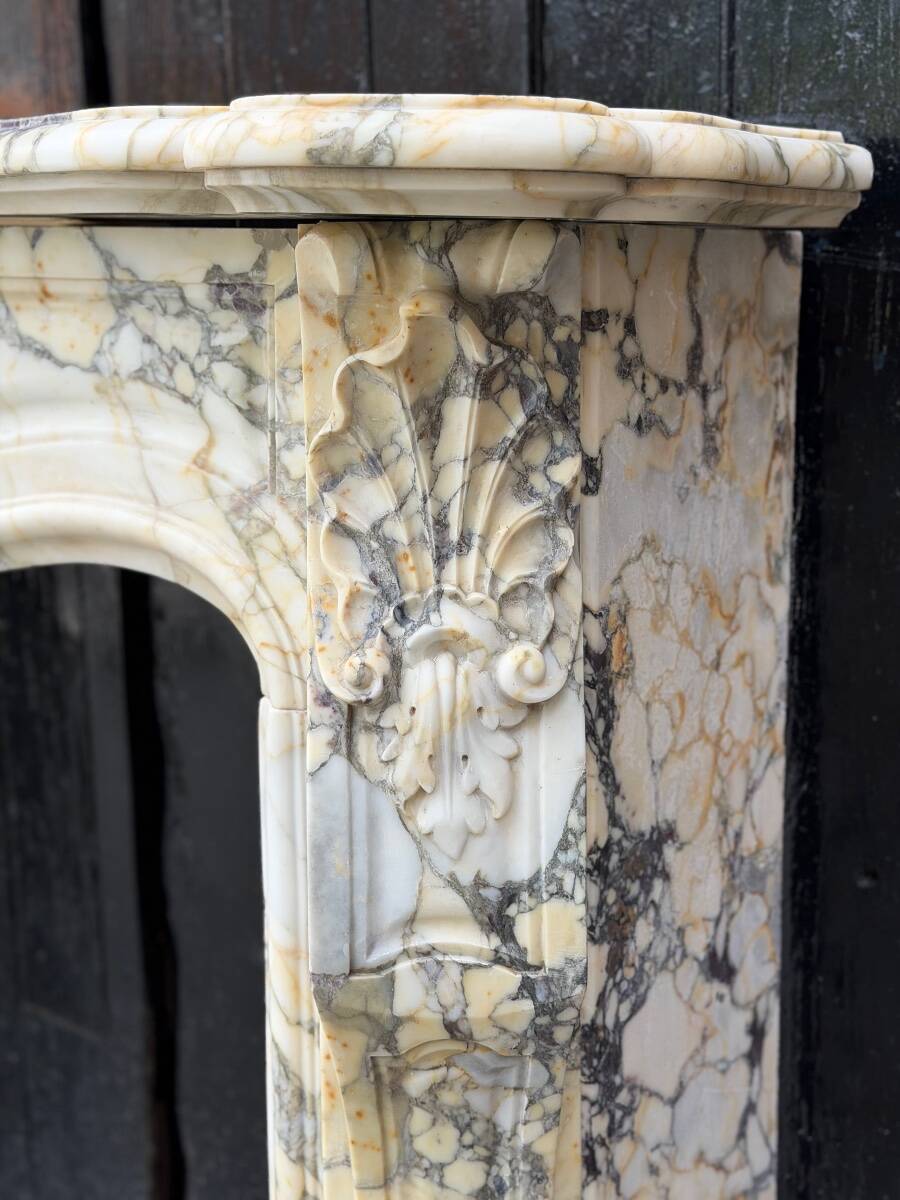 Louis XV style fireplace in purple breccia marble, circa 1880.