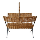 Magazine rack in rattan and black metal 70s design