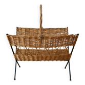 Magazine rack in rattan and black metal 70s design