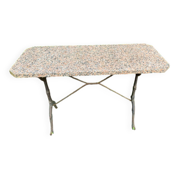 Table de bidtrot des annees 50 en fer forge et granit gris/rose