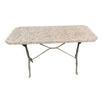 Table de bidtrot des annees 50 en fer forge et granit gris/rose