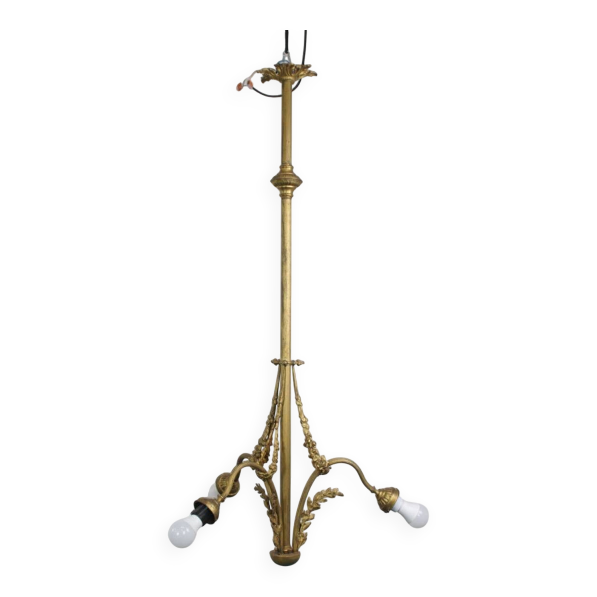 Antique pendant lamp with gold-coloured and ornate details and 3 fittings