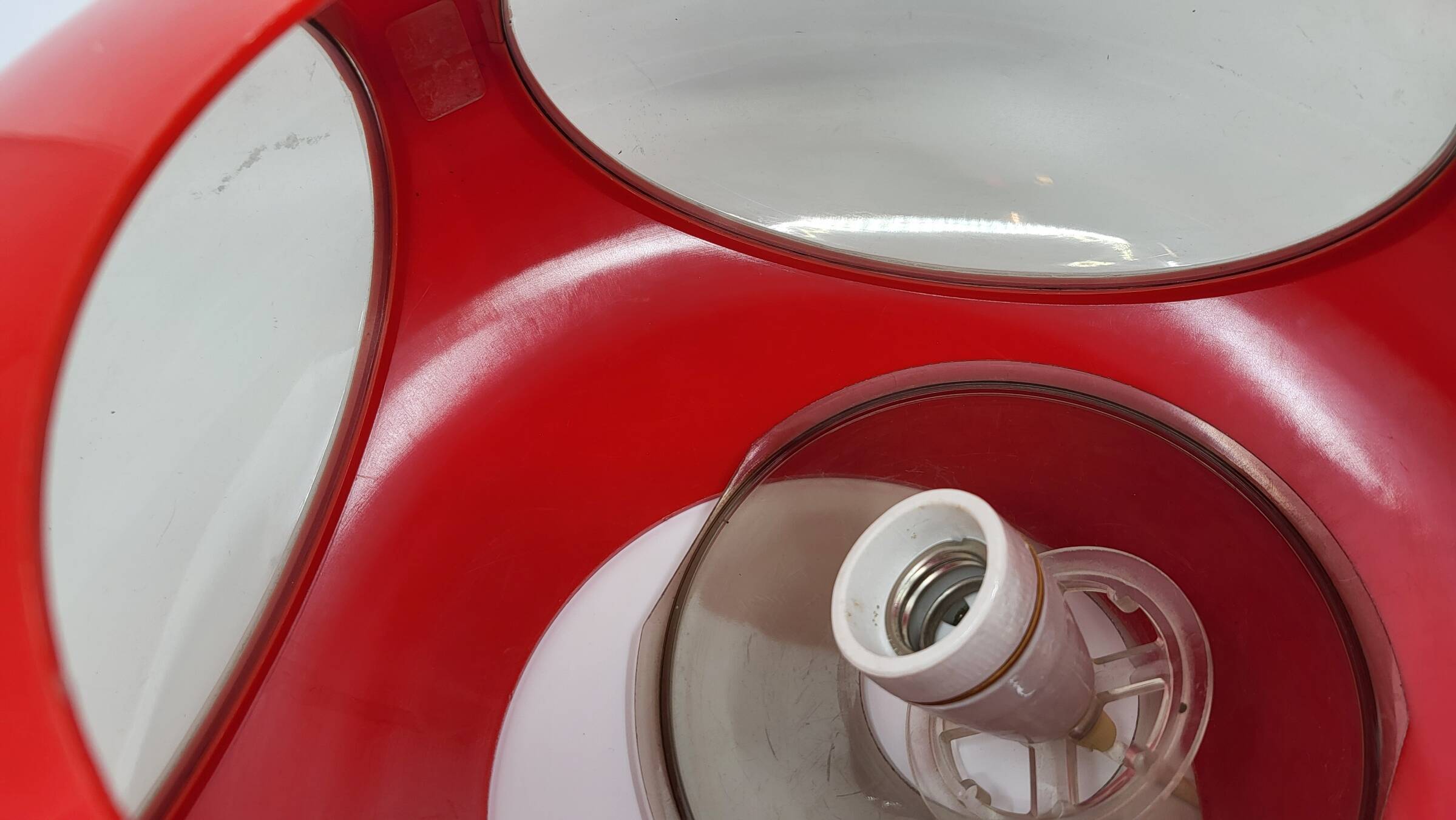 Massive Belgium red plexiglass UFO Space Age pendant light, 1970