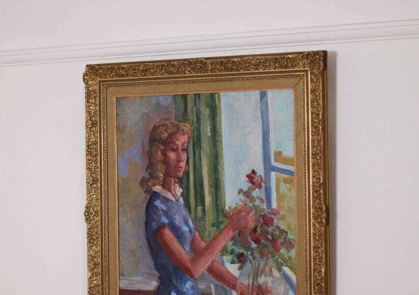 Original Swedish oil on canvas – “Woman with Flowers” by Bendt Lauritzen – signed, framed 82 × 72 cm (32.3" × 28.3")