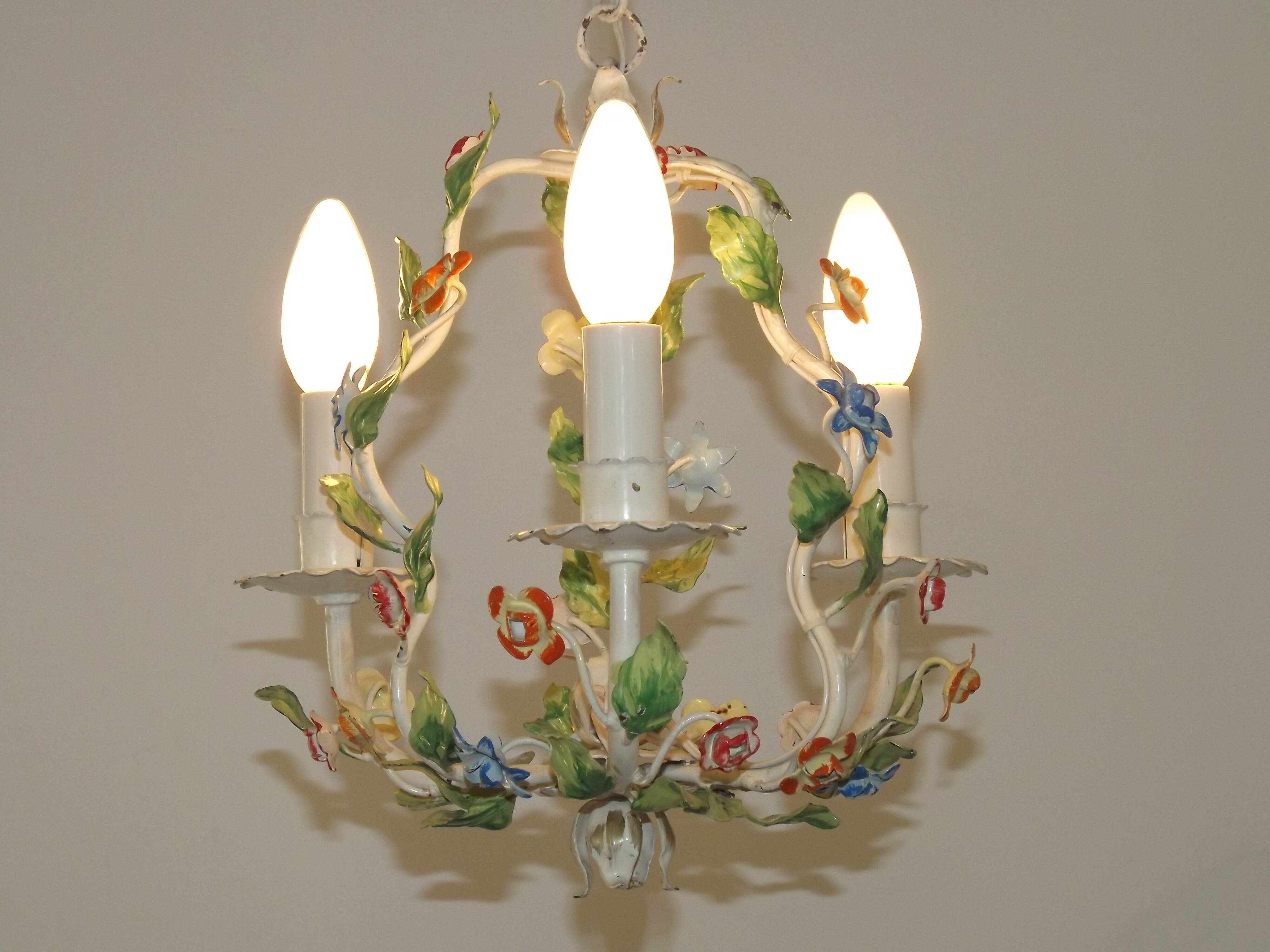 Romantic Vintage Italian Metal 3 Light Cage Chandelier Circa 1930s/40s