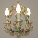 Romantic Vintage Italian Metal 3 Light Cage Chandelier Circa 1930s/40s