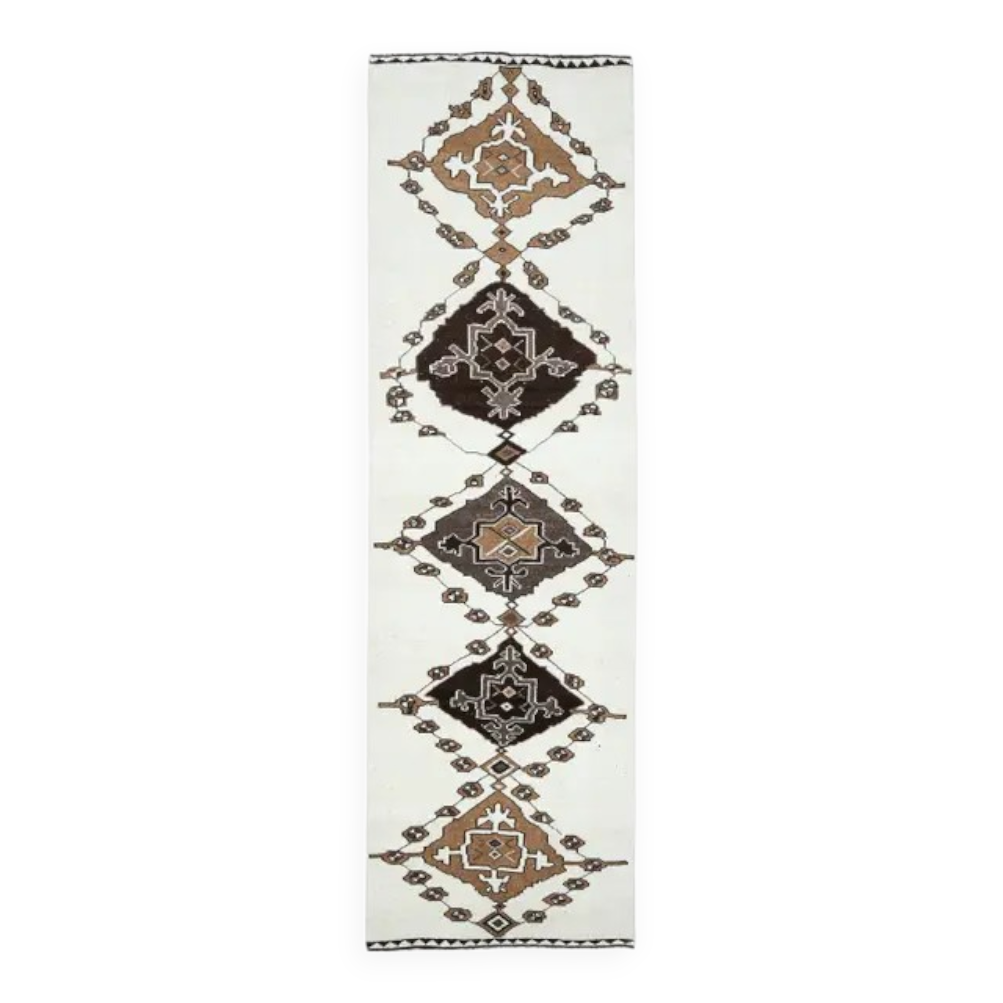 Tapis de couloir turc Oushak vintage fait main en laine et coton blanc