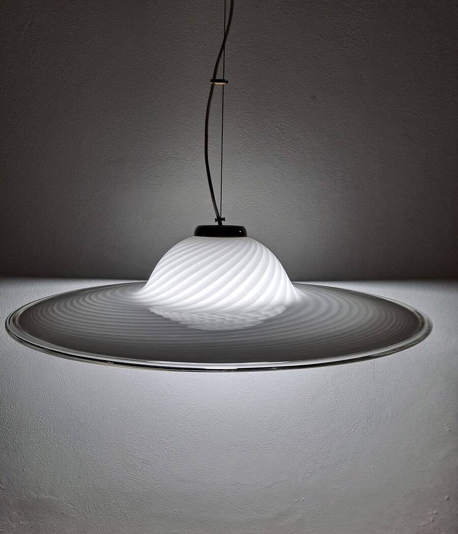 Vintage very large murano white swirl ceiling light clear rim