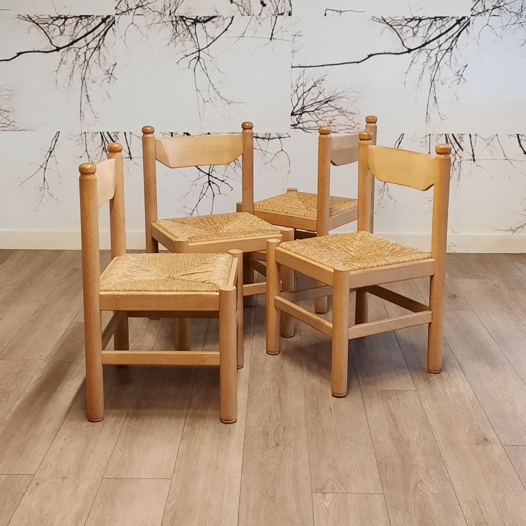 Set of 4 wood and rush chairs, 1970s