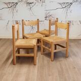 Ensemble de 4 chaises en bois et jonc, années 1970