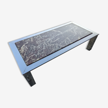 Table basse vintage 70 métal chrome et marbre / Roche-Bobois