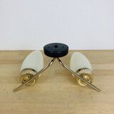 50s double-light wall light, brass and black metal, opaline tulips