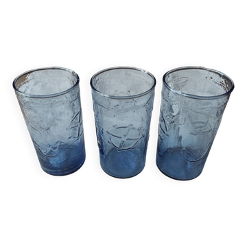 Set of 3 blue glasses with marine decor (anchor, rudder, sea)