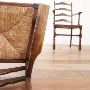 Pair of English oak armchairs with ladder back and rush seats