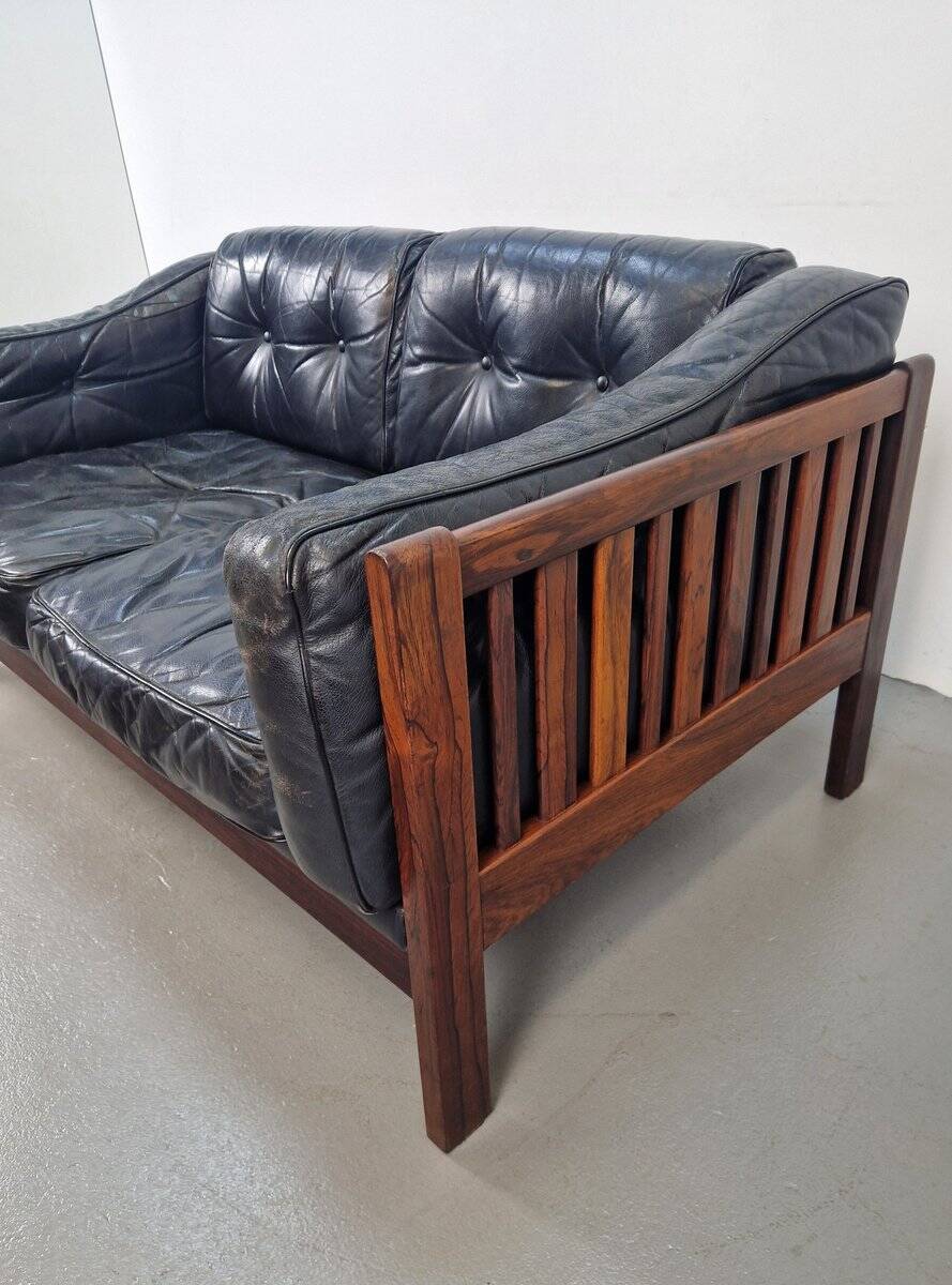 Mid-Century Modern Scandinavian Monte Carlo Sofa in Black Leather and Wood by Ingvar Stockum, 1965