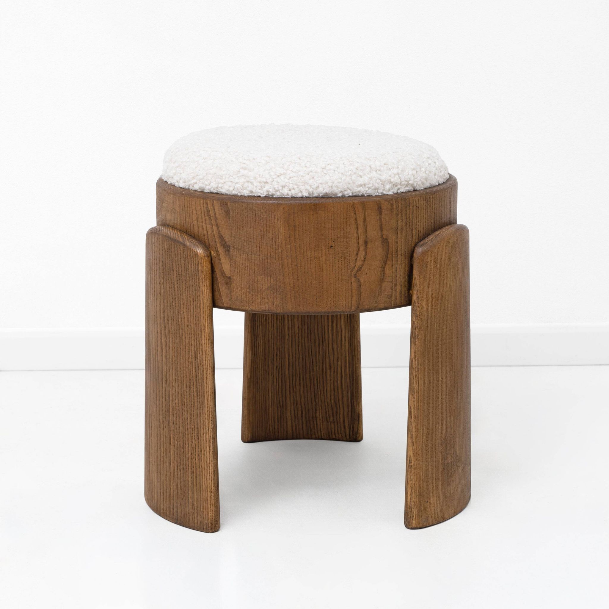 Pair of Art Deco Style Ash Wood Stools Upholstered in White Bouclé