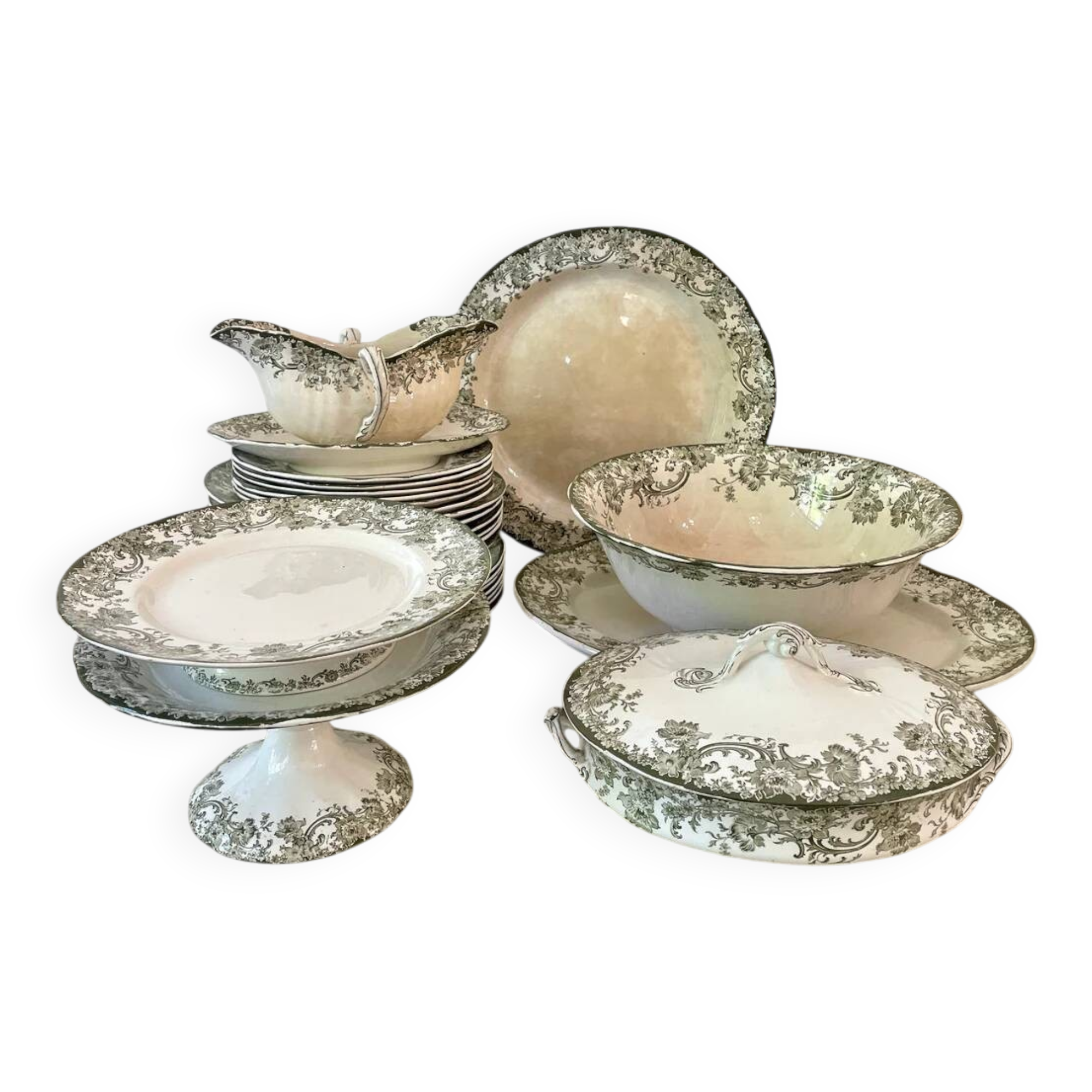 Doulton Burslem Melrose green English earthenware dinner service for 6 people