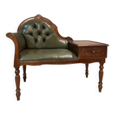 Banquette ancienne en bois sculpté avec assise capitonnée verte et tir