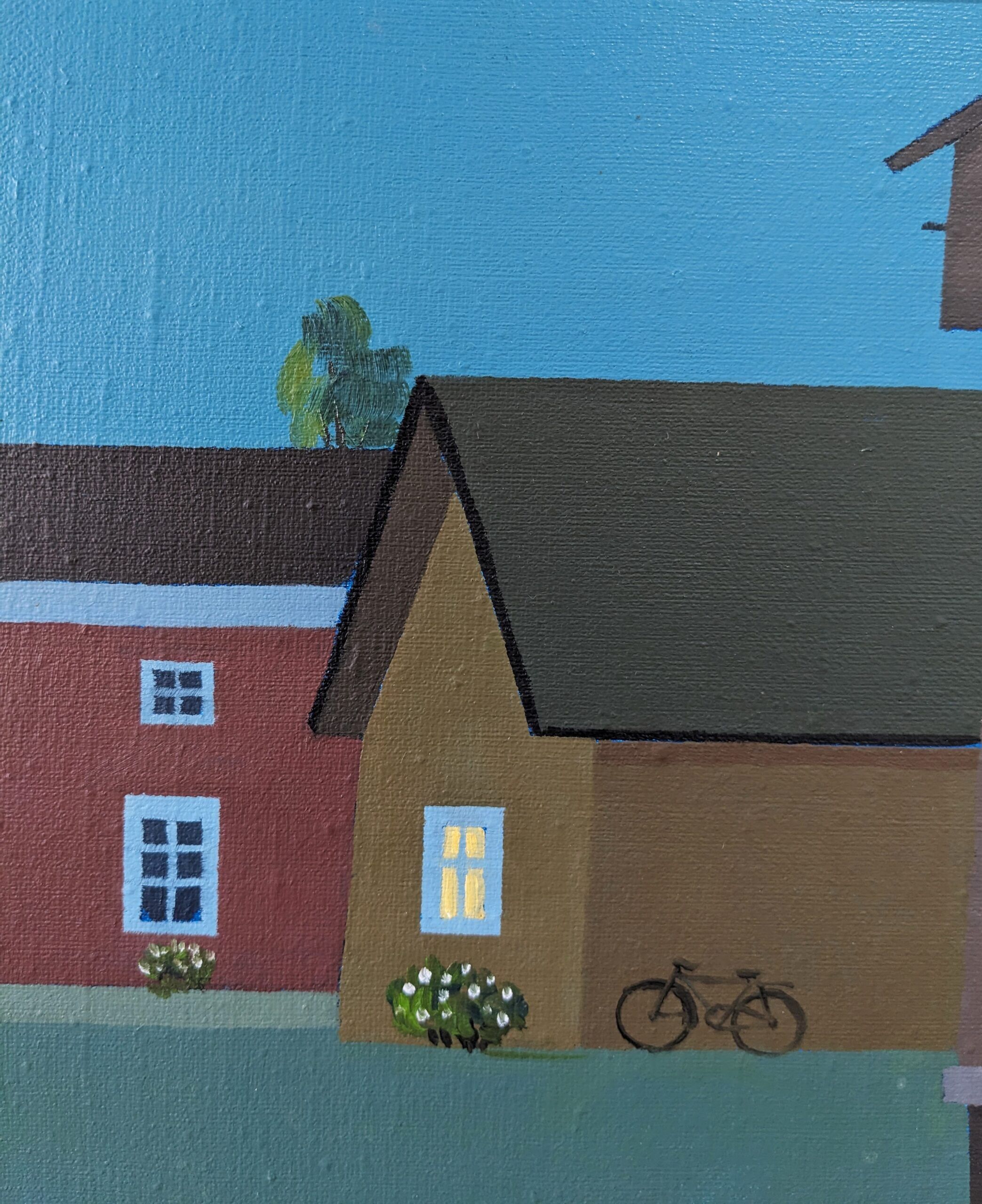 Contemporary Modernist Style Swedish "Houses at Midnight" Framed Street Scene Oil Painting, 1998