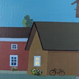 Style moderniste contemporain suédois « Maisons à minuit » Peinture à l’huile encadrée de scène de rue, 1998