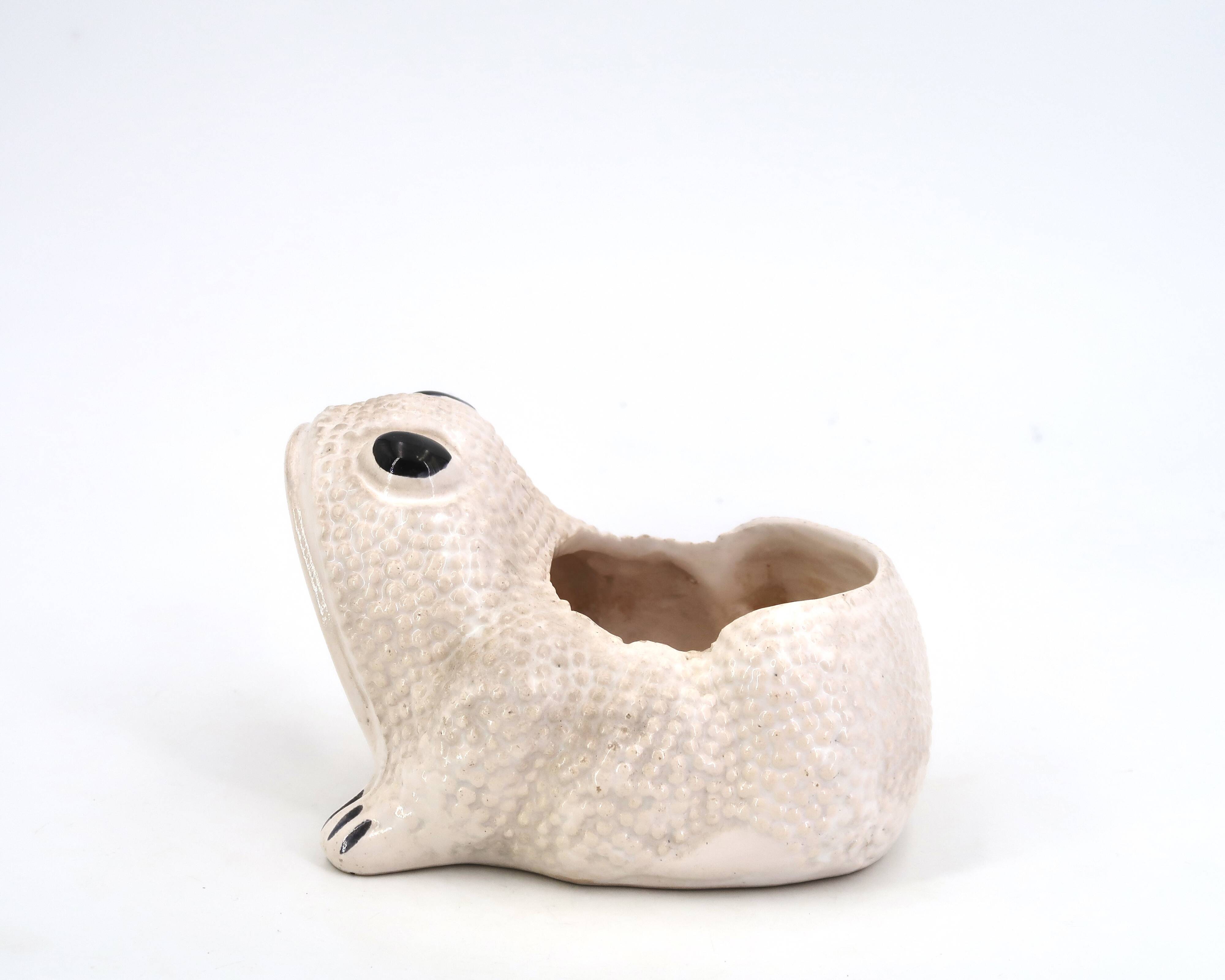 White ceramic frog flower pot by Jean Roger