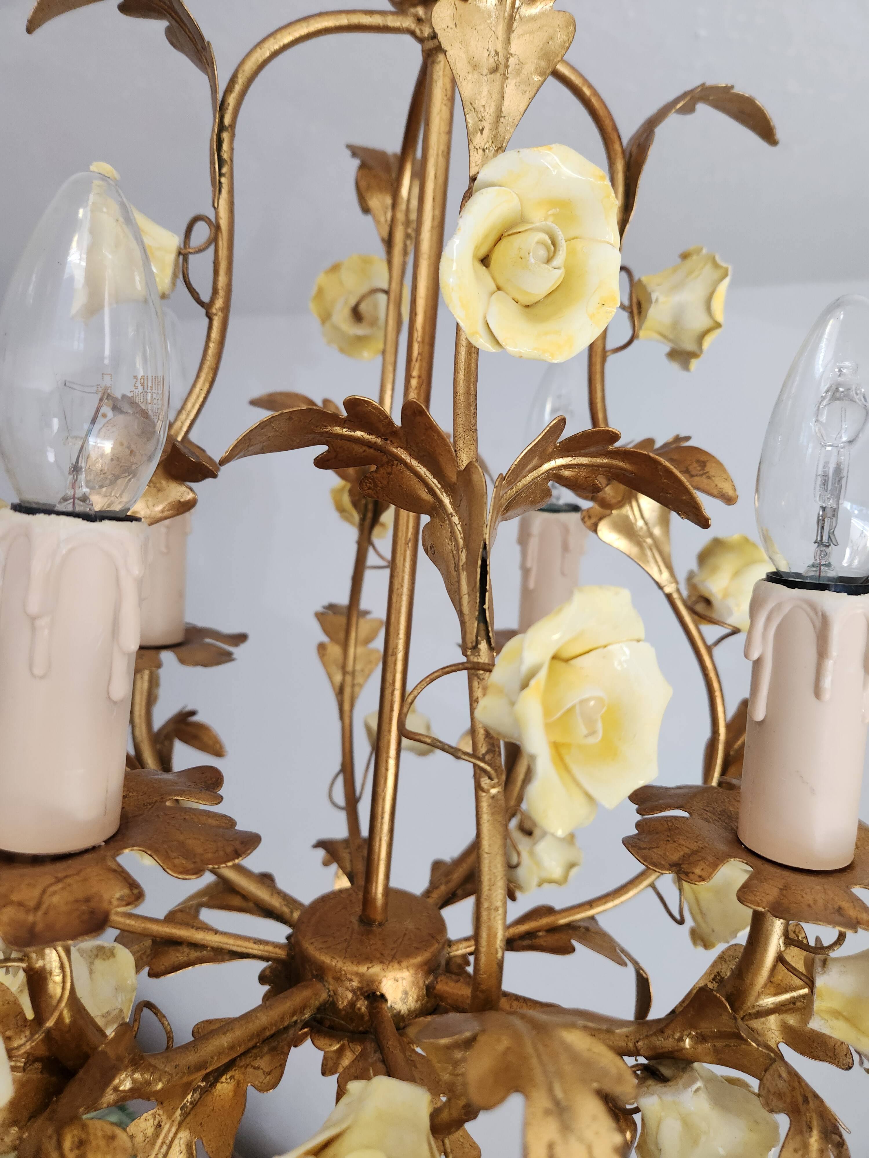 Vintage gilded hand-forged Florentine ceiling light with porcelain roses.