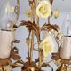 Vintage gilded hand-forged Florentine ceiling light with porcelain roses.