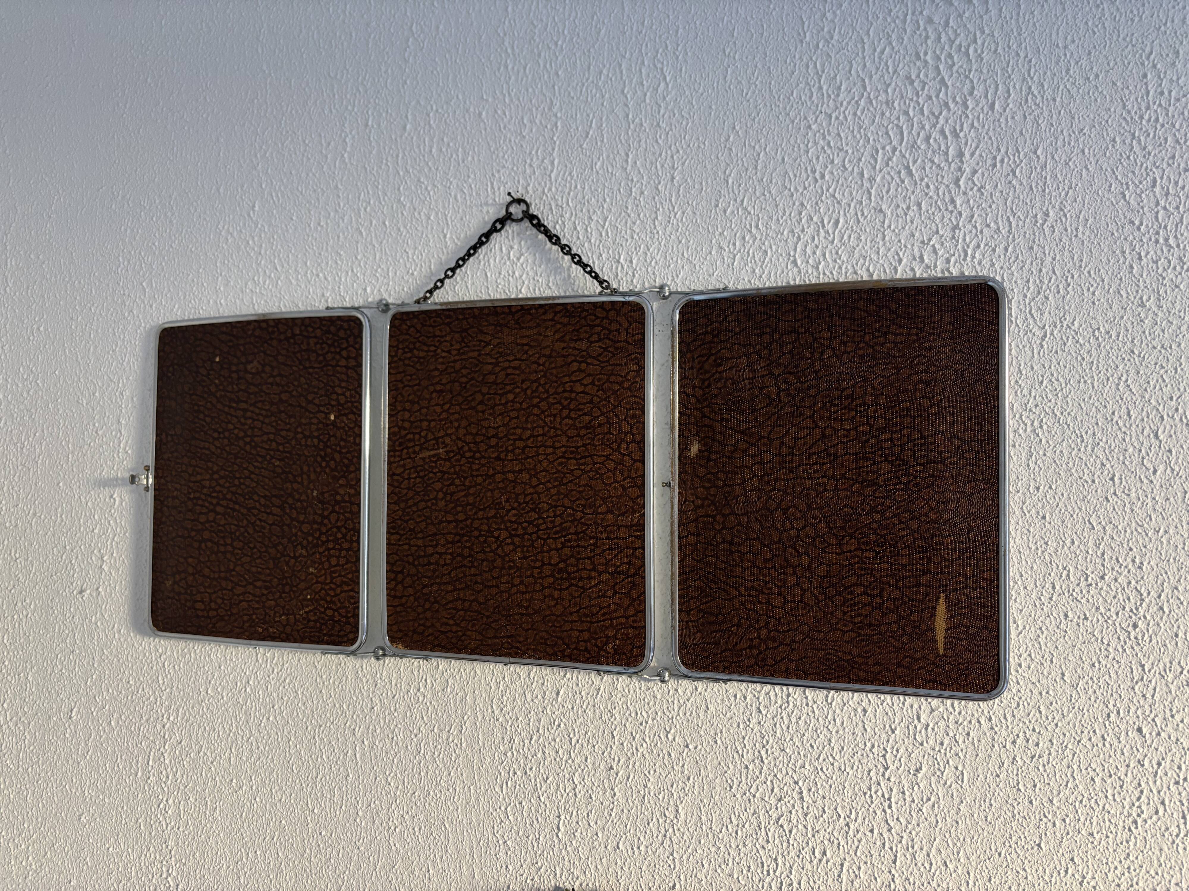 Vintage 1940s triptych barber mirror, bevelled chrome, snake imitation - 31 x