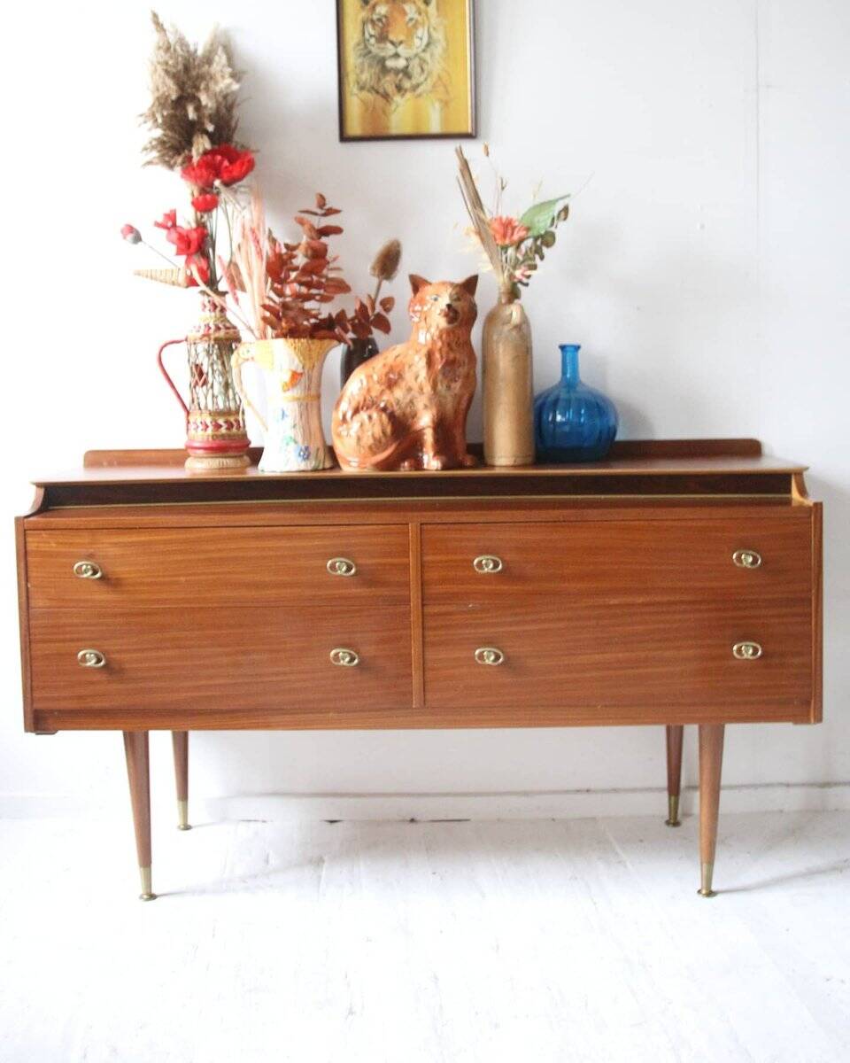 Vintage teak enfilade in brown, 1960s — brass mesh top and Dansette legs.