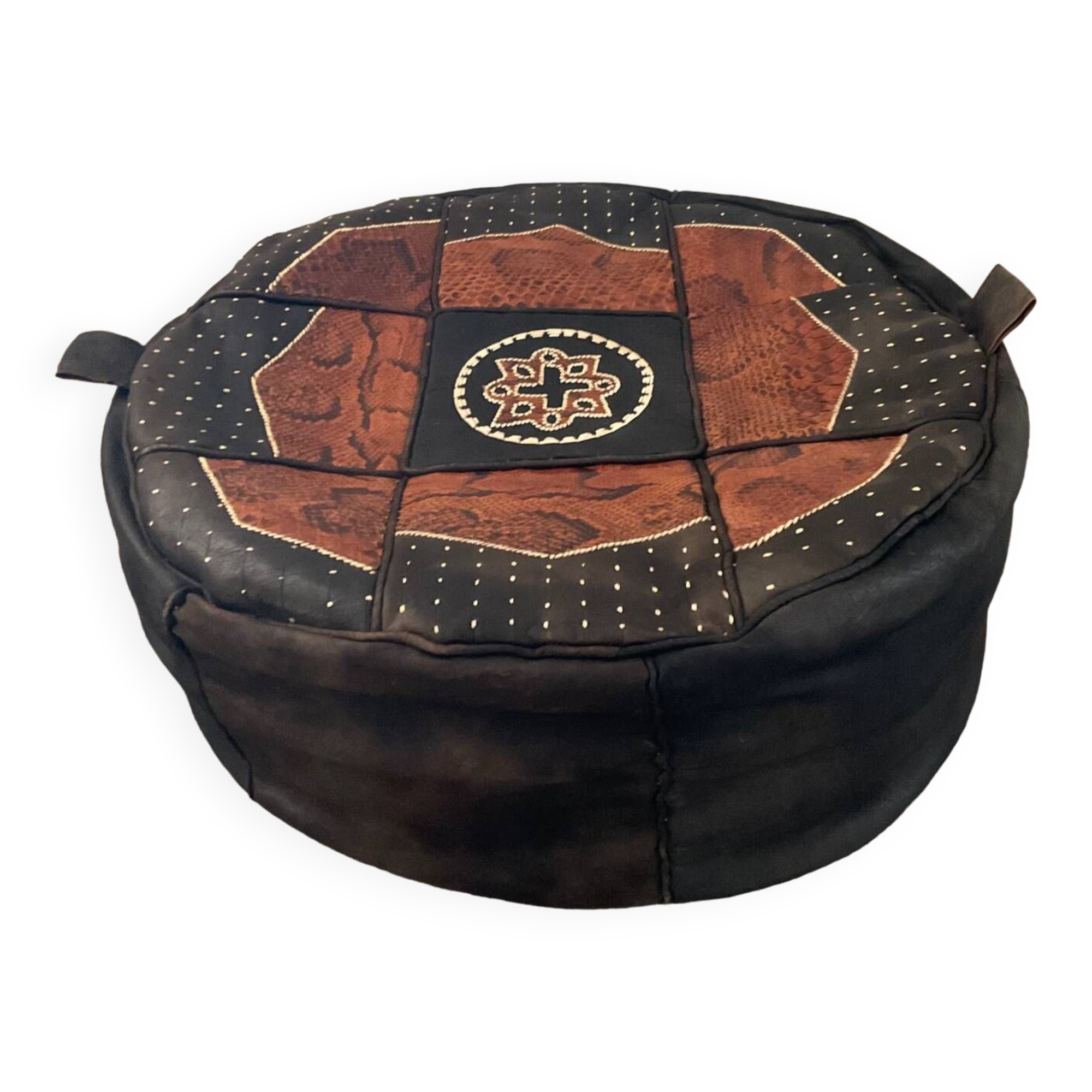 Vintage leather and snakeskin pouf