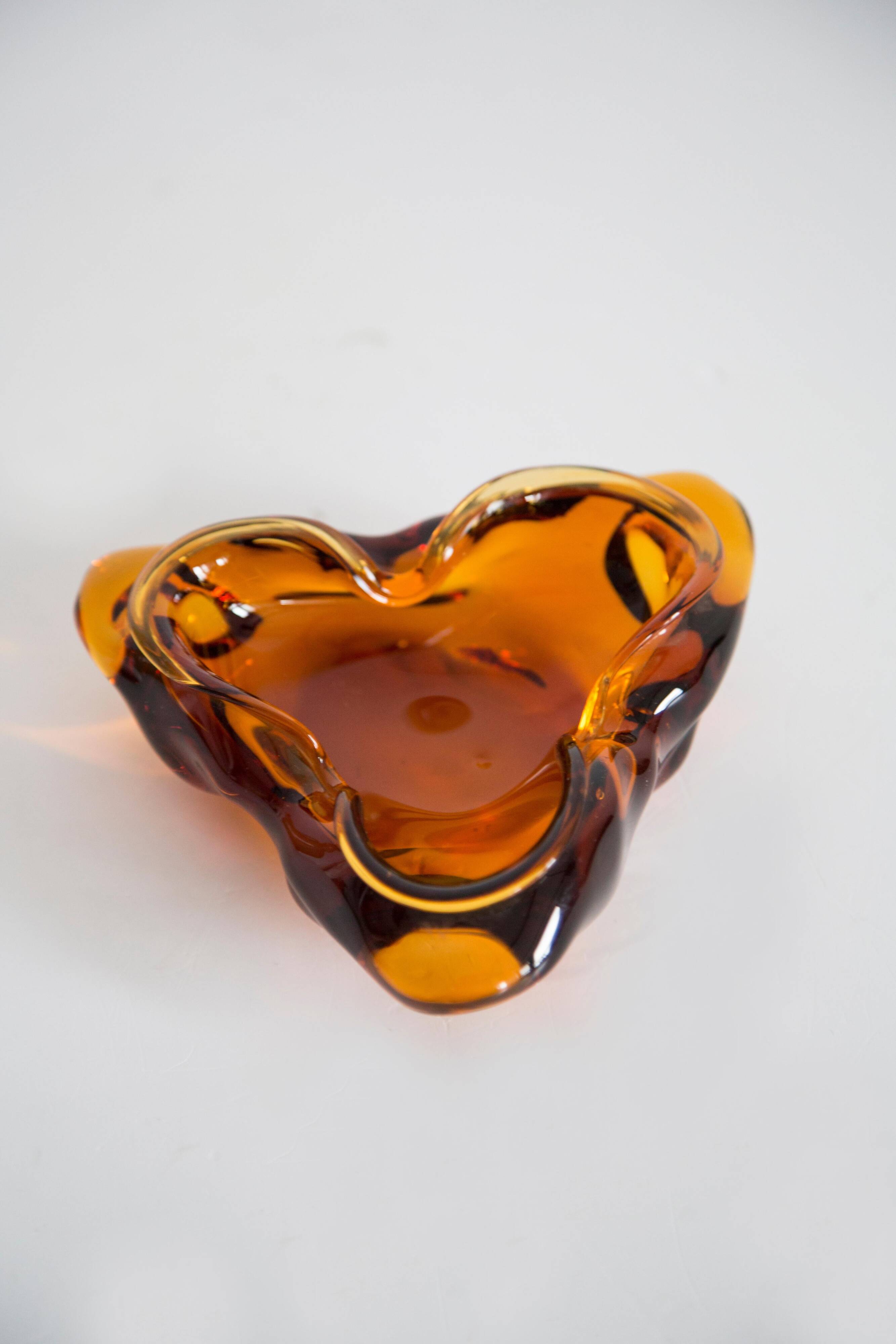Artistic orange glass bowl ashtray, mid-century crystal, Italy, 1970s.