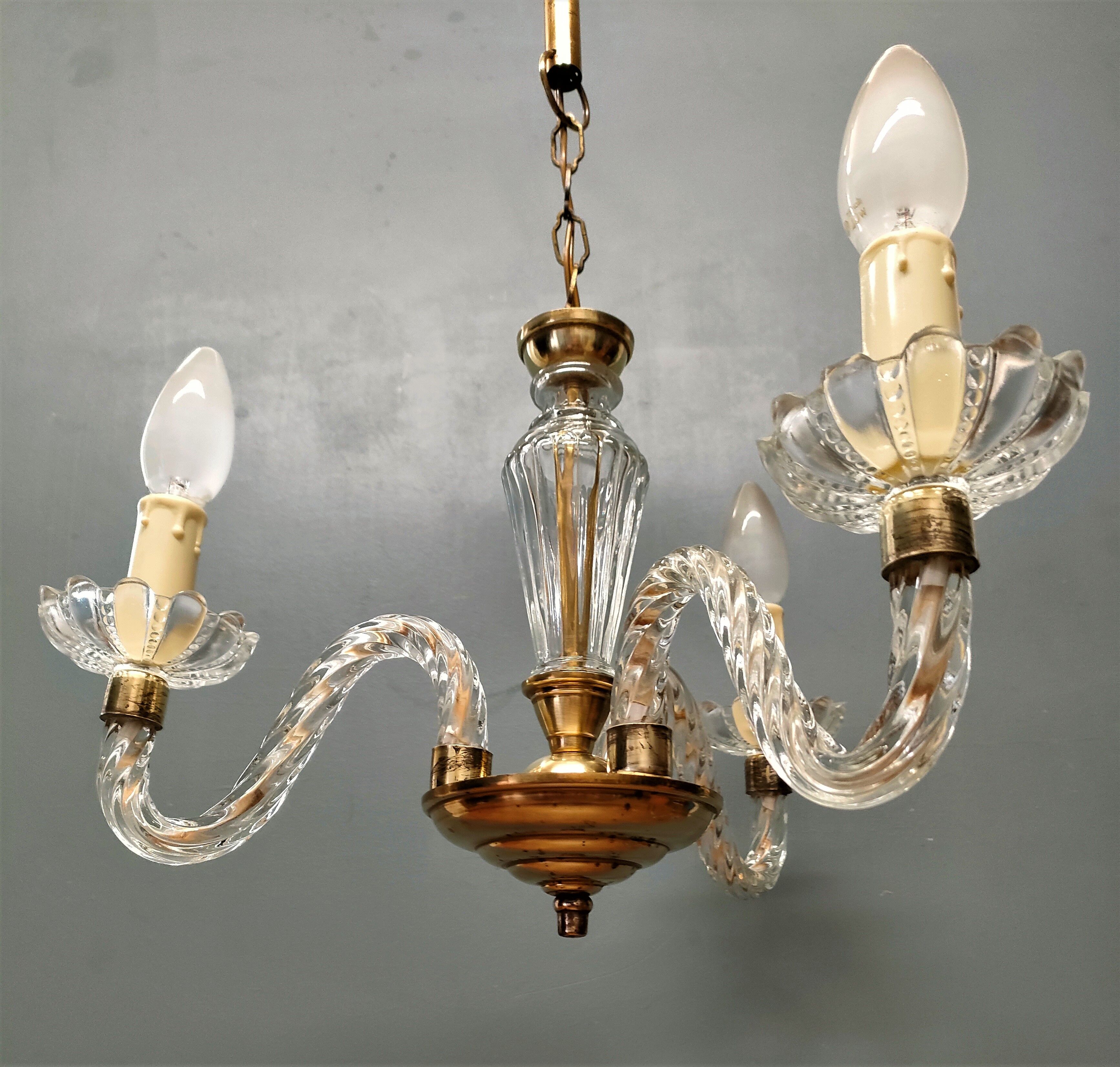 Small Venetian chandelier, three-burner twisted blown glass 1950s - Brass, Glass