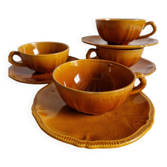 Set of 4 caramel enamel cups and bowls