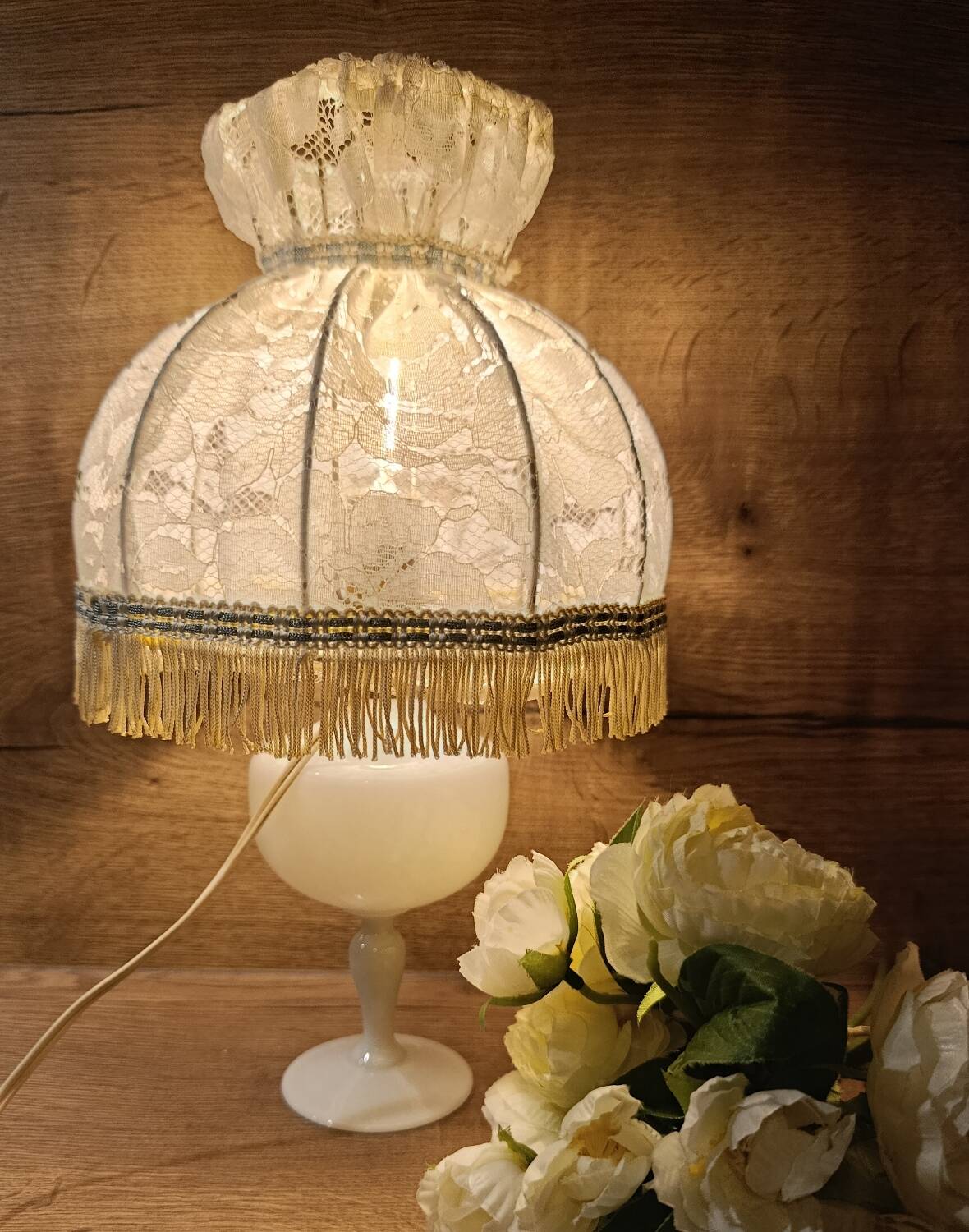 white bedside lamp with lace and opaline bohemian chic