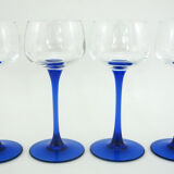 4 glasses of Alsace white wine - cobalt blue stem - Luminarc France - vintage 70s