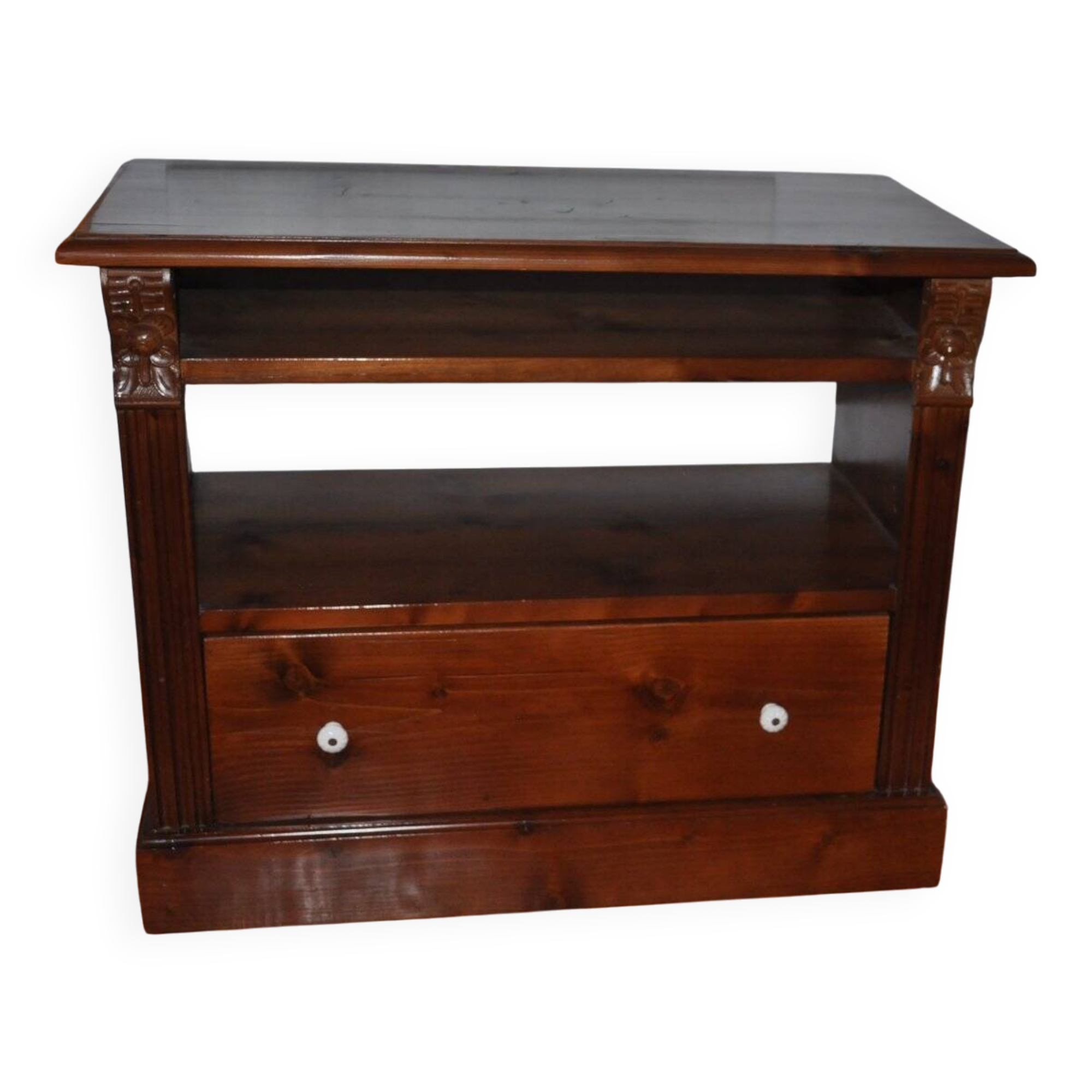 Antique brown pine TV cabinet, carved, with drawer and shelves, traditional style (1890-1919)